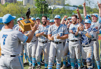 Coach Brett Boretti (No. 7) and the Lions celebrate winning their third consecutive Ivy League baseball crown. Photo: Mike McLaughlin/Columbia Athletics